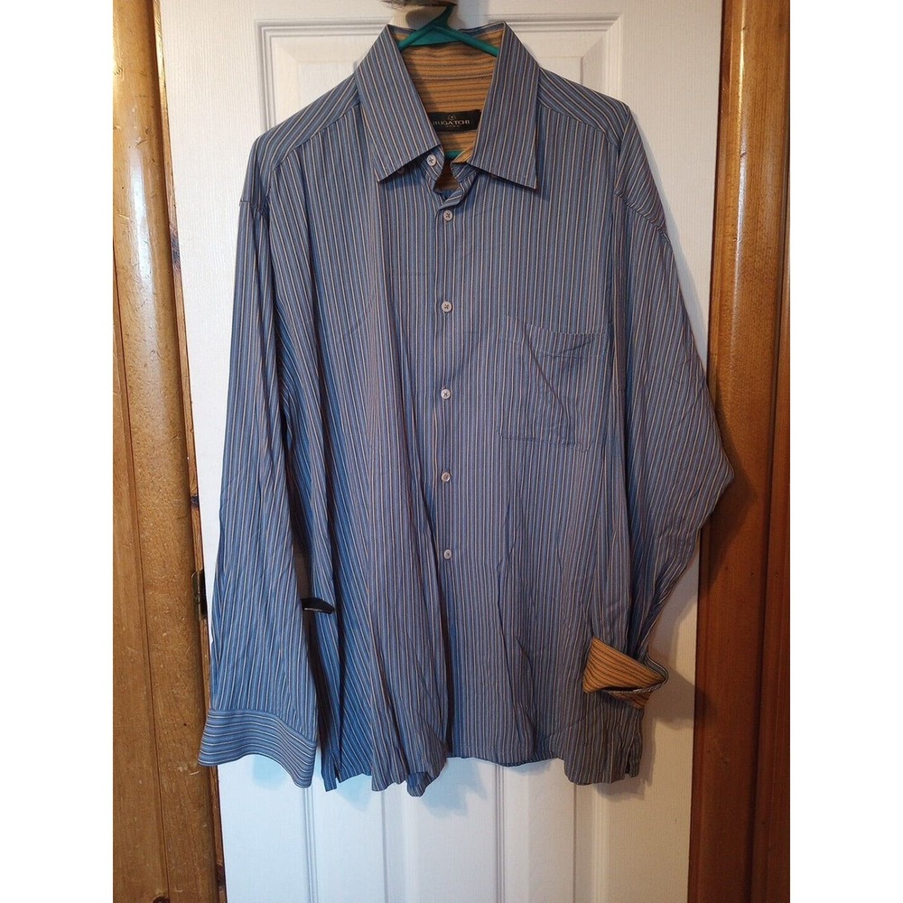 BUGATCHI Men's Striped Blue And Gold LONG SLEEVE BUTTON UP XL
